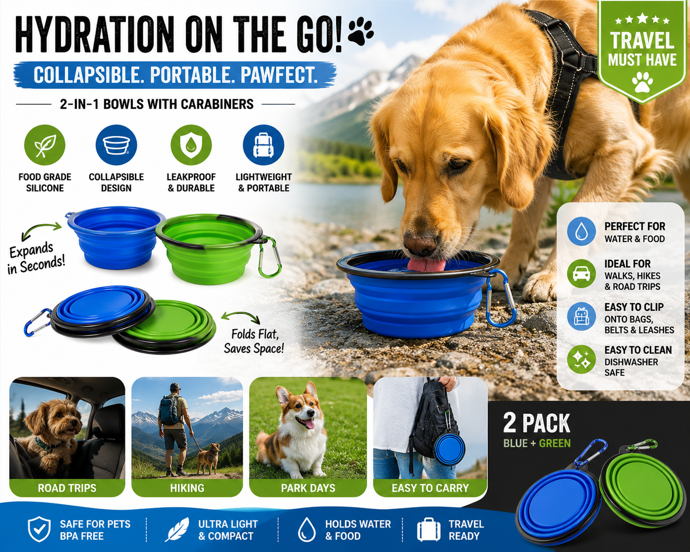 Collapsible Silicone Travel Pet Bowl Set Amazon India